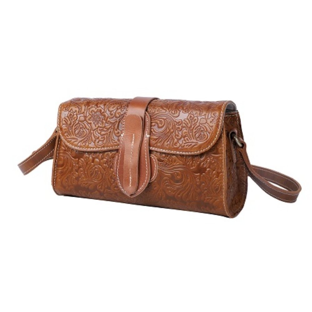 Mustard Genuine Leather Flower Embossed Crossbody Bag